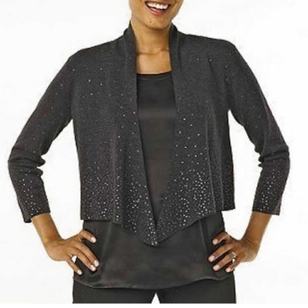 EILEEN FISHER Gray Ultrafine Merino Sequin Cropped Cardigan Size Small